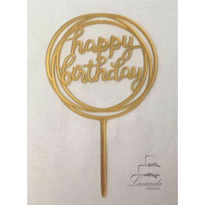 Kerek arany Happy Birthday beszúrható tortadísz