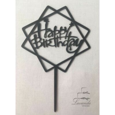 Négyszögletes fekete Happy Birthday beszúrható tortadísz